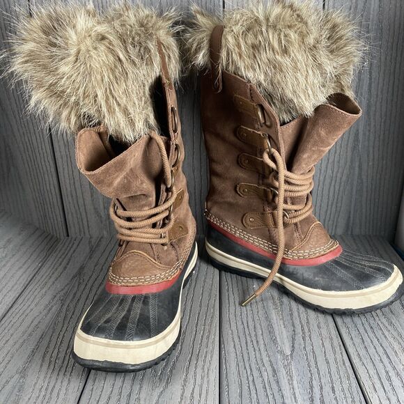 Women’s Sorel Tall Faux Fur Snow Boots Sz 7 Brown Waterproof NL2429-261 Duck - Picture 1 of 10